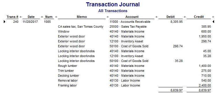 QuickBooks transaction journal